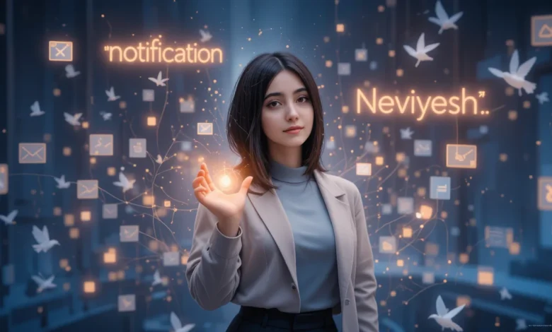 notification | نوییش| neviyeš | نوی | nevi برای معنی notification به فارسی نِوییش را از ریشه پهلوی "niwēyišn" به مینیگ/معنای خبر و اعلامیه پیشنهاد داده ایم.